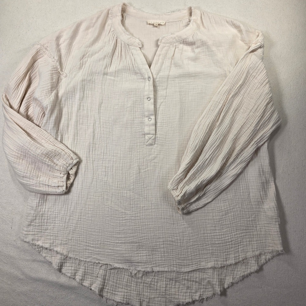 Promesa Gauze Henley Tunic Top Cream Off-White Raw Hem Boho Small H584